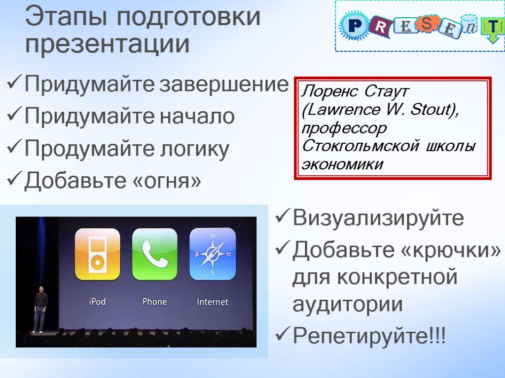 Этапы подготовки презентации Придумайте завершение Придумайте начало Продумайте логику Добавьте «огня» Лоренс Стаут (Lawrence